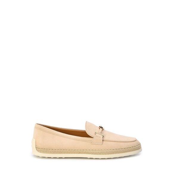 Nude Suede Loafers with Raffia Insert and Double T Ring Accessory